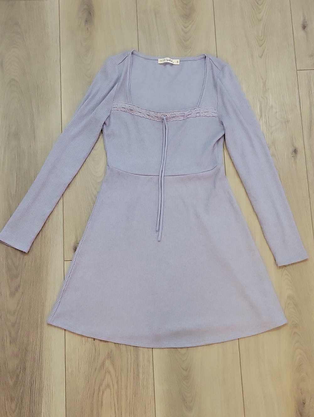 Lavender Long-Sleeve Ribbed Dress with Lace Trim